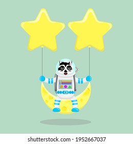 Illustration vector graphic cartoon of cute raccoon astronaut sitting on the moon with stars. Childish cartoon design suitable for product design of children's books, t-shirt, greeting cards etc