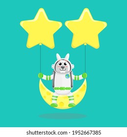 Illustration vector graphic cartoon of cute rabbit astronaut sitting on the moon with stars. Childish cartoon design suitable for product design of children's books, t-shirt, greeting cards etc