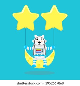 Illustration vector graphic cartoon of cute polar bear astronaut sitting on the moon with stars. Childish cartoon design suitable for product design of children's books, t-shirt, greeting cards etc