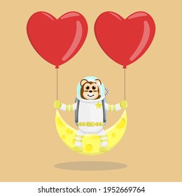 Illustration vector graphic cartoon of cute monkey astronaut sitting on the moon with loves. Childish cartoon design suitable for product design of children's books, t-shirt, greeting cards etc