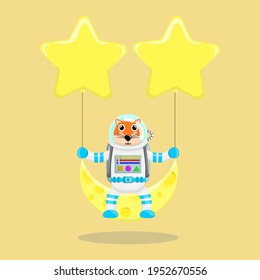 Illustration vector graphic cartoon of cute fox astronaut sitting on the moon with stars. Childish cartoon design suitable for product design of children's books, t-shirt, greeting cards etc