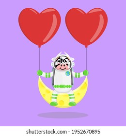 Illustration vector graphic cartoon of cute cow astronaut sitting on the moon with loves. Childish cartoon design suitable for product design of children's books, t-shirt, greeting cards etc
