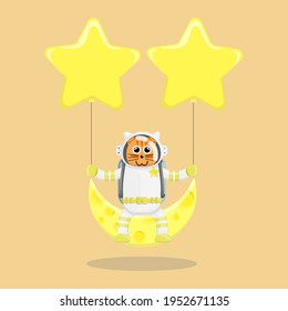 Illustration vector graphic cartoon of cute cat astronaut sitting on the moon with stars. Childish cartoon design suitable for product design of children's books, t-shirt, greeting cards etc