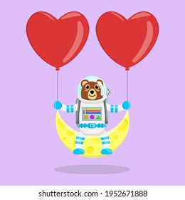 Illustration vector graphic cartoon of cute bear astronaut sitting on the moon with loves. Childish cartoon design suitable for product design of children's books, t-shirt, greeting cards etc