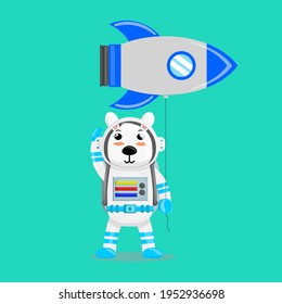 Illustration vector graphic cartoon of cute polar bear astronaut holding balloon shaped a spaceship. Childish cartoon design suitable for product design of children's books, t-shirt etc