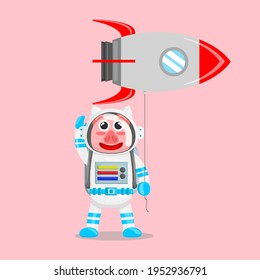 Illustration vector graphic cartoon of cute pig astronaut holding balloon shaped a spaceship. Childish cartoon design suitable for product design of children's books, t-shirt etc