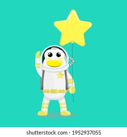 Illustration vector graphic cartoon of cute penguin astronaut holding balloon shaped a star. Childish cartoon design suitable for product design of children's books, t-shirt etc