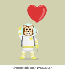 Illustration vector graphic cartoon of cute monkey astronaut holding balloon shaped a love. Childish cartoon design suitable for product design of children's books, t-shirt etc