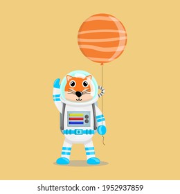 Illustration vector graphic cartoon of cute fox astronaut holding balloon shaped a planet. Childish cartoon design suitable for product design of children's books, t-shirt etc