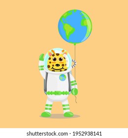 Illustration vector graphic cartoon of cute giraffe astronaut holding balloon shaped earth. Childish cartoon design suitable for product design of children's books, t-shirt etc