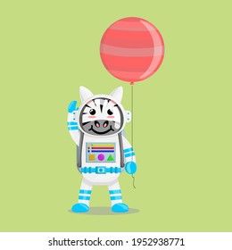 Illustration vector graphic cartoon of cute zebra astronaut holding balloon shaped a planet. Childish cartoon design suitable for product design of children's books, t-shirt etc