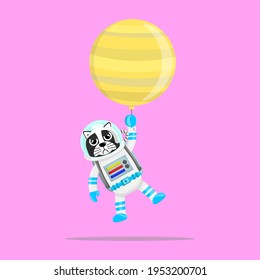 Illustration vector graphic cartoon of cute black dog astronaut flying with planet balloon. Childish cartoon design suitable for product design of children's books, t-shirt etc