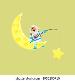 Illustration vector graphic cartoon of cute fox astronaut fishing a star. Childish cartoon design suitable for product design of children's books, t-shirt etc