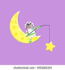 Illustration vector graphic cartoon of cute cow astronaut fishing a star. Childish cartoon design suitable for product design of children's books, t-shirt etc