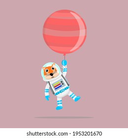 Illustration vector graphic cartoon of cute fox astronaut flying with planet balloon. Childish cartoon design suitable for product design of children's books, t-shirt etc