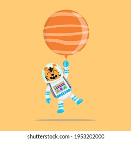 Illustration vector graphic cartoon of cute tiger astronaut flying with planet balloon. Childish cartoon design suitable for product design of children's books, t-shirt etc