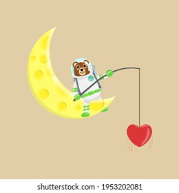 Illustration vector graphic cartoon of cute bear astronaut fishing a love. Childish cartoon design suitable for product design of children's books, t-shirt etc