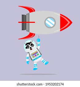 Illustration vector graphic cartoon of cute raccoon astronaut flying with spaceship balloon. Childish cartoon design suitable for product design of children's books, t-shirt etc