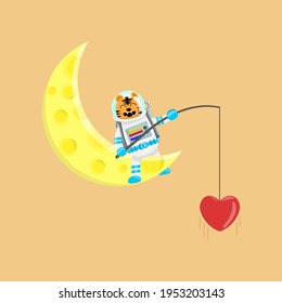 Illustration vector graphic cartoon of cute tiger astronaut fishing a love. Childish cartoon design suitable for product design of children's books, t-shirt etc