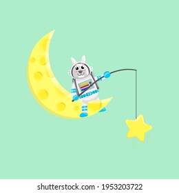 Illustration vector graphic cartoon of cute rabbit  astronaut fishing a star. Childish cartoon design suitable for product design of children's books, t-shirt etc