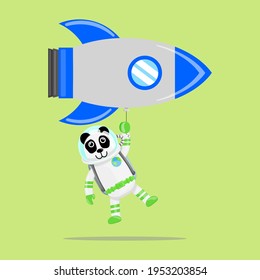 Illustration vector graphic cartoon of cute panda astronaut flying with spaceship balloon. Childish cartoon design suitable for product design of children's books, t-shirt etc