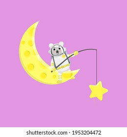 Illustration vector graphic cartoon of cute koala astronaut fishing a star. Childish cartoon design suitable for product design of children's books, t-shirt etc