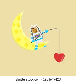 Illustration vector graphic cartoon of cute brown dog astronaut fishing a love. Childish cartoon design suitable for product design of children's books, t-shirt etc