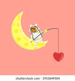 Illustration vector graphic cartoon of cute hippopotamus astronaut fishing a love. Childish cartoon design suitable for product design of children's books, t-shirt etc