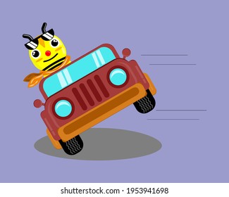 Illustration vector graphic cartoon of cute bee driving car for attractions. Childish cartoon design suitable for product design of children's books, t-shirt, greeting cards etc