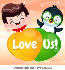 Illustration vector graphic of Cartoon Cute Boy And Penguin Flying With Love Balloon. Perfect for children book cover, children book illustrations, game illustration, banner, animation, etc.