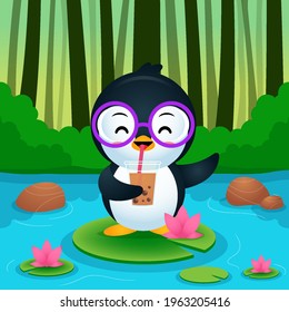 Illustration vector graphic of Cartoon Cute Penguin Standing On Lotus, Drink Bubble Tea Or Pearl Tea Vector. Perfect for mascot, children book cover, children book illustrations, wallpaper, etc