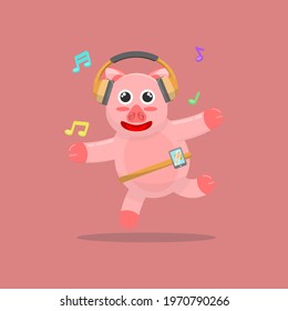 Illustration vector graphic cartoon of cute pig dancing while listening to music. Childish cartoon design suitable for product design of children's books, t-shirt etc