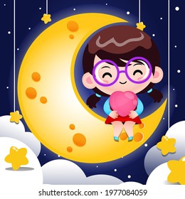 Illustration vector graphic of Cartoon Cartoon Cute Girl Sitting On The Moon And Holding Heart  In Her Lap. Perfect for mascot, children book cover, children book illustrations, wallpaper,etc