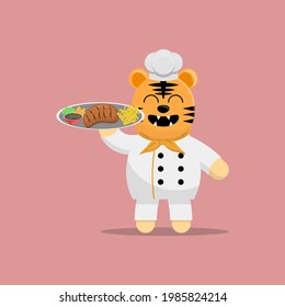 Illustration vector graphic cartoon of cute tiger chef prepares a menu of beef steak. Childish cartoon design suitable for product design of children's books, t-shirt etc
