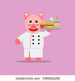 Illustration vector graphic cartoon of cute pig chef prepares a menu of burgers, french fries and bubble milk tea. Childish cartoon design suitable for product design of children's books, t-shirt etc