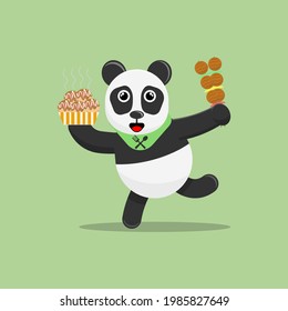 Illustration vector graphic cartoon of cute panda eating takoyaki and skewered meat. Childish cartoon design suitable for product design of children's books, t-shirt etc