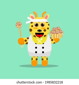 Illustration vector graphic cartoon of cute giraffe eating takoyaki with chopsticks. Childish cartoon design suitable for product design of children's books, t-shirt etc