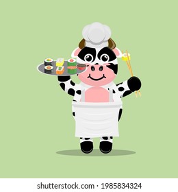 Illustration vector graphic cartoon of cute cow making various kinds of sushi. Childish cartoon design suitable for product design of children's books, t-shirt etc
