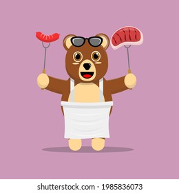 Illustration vector graphic cartoon of cute bear chef preparing to grill meat and sausage. Childish cartoon design suitable for product design of children's books, t-shirt etc