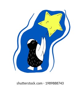 Illustration vector graphic cartoon of cute penguin with a star. Childish cartoon design suitable for product design of children's books, t-shirt, greeting cards etc