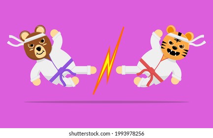 Illustration vector graphic cartoon of cute bear and cute tiger duel in karate fight. Childish cartoon design suitable for product design of children's books, t-shirt etc