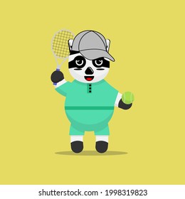 Illustration vector graphic cartoon of cute raccoon trying to hit a ball with racket in tennis match. Childish cartoon design suitable for product design of children's books, t-shirt etc