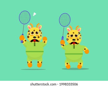 Illustration vector graphic cartoon of cute giraffe is ready to play badminton. Childish cartoon design suitable for product design of children's books, t-shirt etc