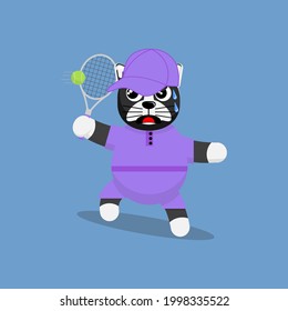 Illustration vector graphic cartoon of cute black dog trying to hit a ball in tennis match. Childish cartoon design suitable for product design of children's books, t-shirt etc