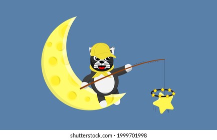 Illustration vector graphic cartoon of cute black dog is very happy to fish and get star. Childish cartoon design suitable for product design of children's books, t-shirt etc