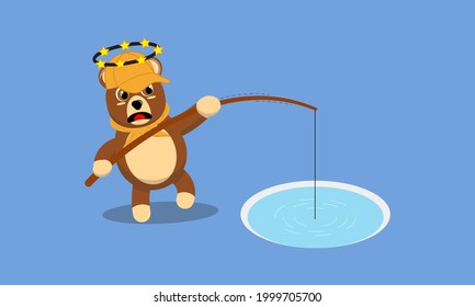 Illustration vector graphic cartoon of cute bear struggles to catch a fish. Childish cartoon design suitable for product design of children's books, t-shirt etc