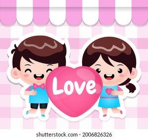 Illustration vector graphic of Cartoon Cute Chibi Kids Holding Heart Perfect for mascot, children book cover, children book illustrations, wallpaper, kid's brochure, puzzle, game illustration, etc.