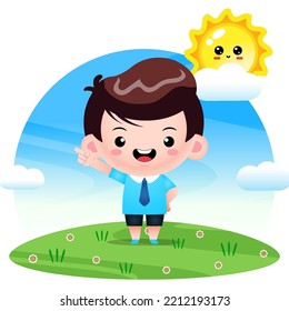 Illustration vector graphic of Cartoon Cute Student Boy Pointing Up. Perfect for mascot, children book cover, children book illustrations, wallpaper, kid's brochure, puzzle, etc