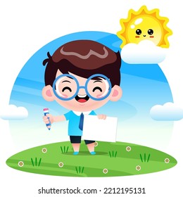 Illustration vector graphic of Cartoon Cute Student Boy Holding Paper And Pencil. Perfect for mascot, children book cover, children book illustrations, wallpaper, kid's brochure, puzzle, etc