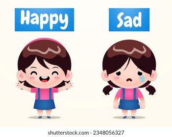 Illustration vector graphic of Cartoon Cute Girl Opposite Words For Happy And Sad. Perfect for mascot, children book cover, children book illustrations, wallpaper, kid's brochure, puzzle, etc
